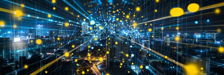 Nighttime Surveillance Web in Urban Landscape: Artistic Neon Lines Symbolizing CCTV Network and Data Transmission