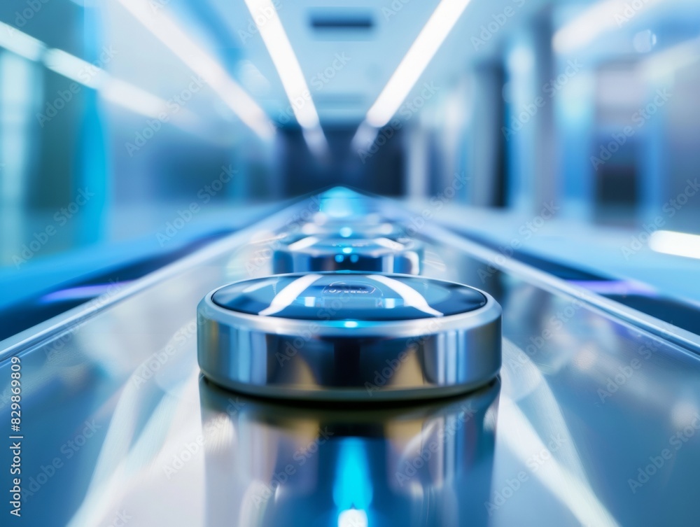 Poster abstract health technology: symmetrical image of fitness trackers on silver smart scales with vibran