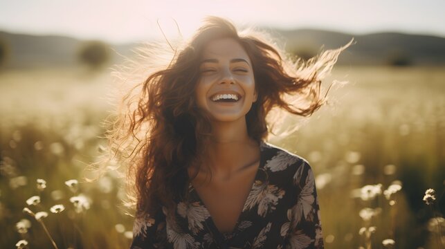 Young happy smiling woman standing in a field with sun. Generative AI.