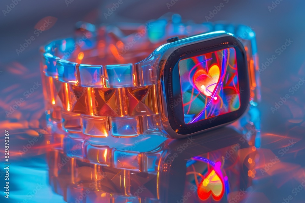 Poster close-up of a fitness tracker displaying heart rate data in futuristic blue lighting – focused on mo