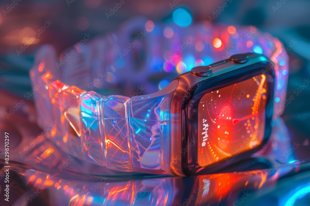 Poster close-up of a fitness tracker display illuminated at night showcasing heart rate and steps informati