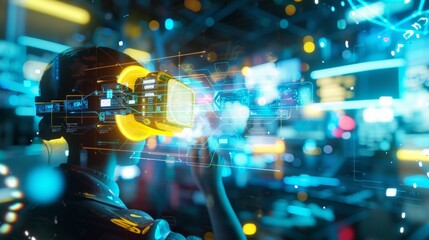 Young Caucasian Man Using Advanced Virtual Reality Equipment Amidst Dynamic 3D Illustrations of Health Technology