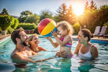 happy family in swimming pool