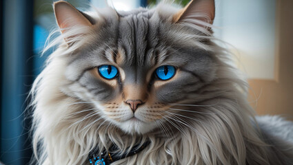 A gray and white cat with bright blue eyes is looking at the camera.