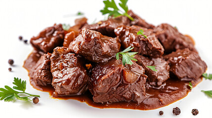 Pieces of delicious cooked beef isolated on white. 