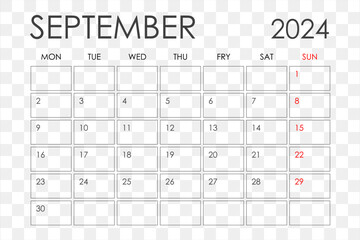 Calendar for September 2024. The week starts on Sunday.