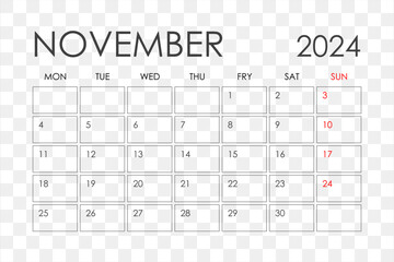 Calendar for November 2024. The week starts on Sunday.