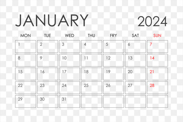 January 2024 Calendar. Week starts on Sunday.