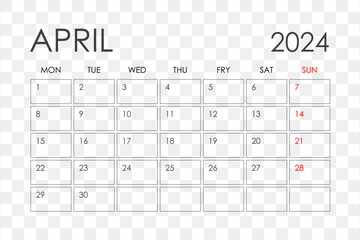 Calendar for April 2024. The week starts on Sunday.