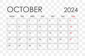 Calendar for October 2024. The week starts on Sunday