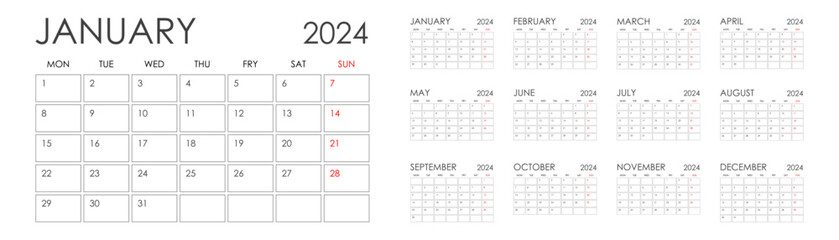 Calendar 2024. Calendar 2024 week starts Sunday. Set of ready to print monthly pages. Corporate minimal clean design 2024 calendar