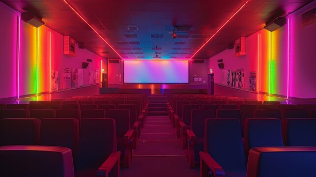 LGBTQA+ , LGBT :  Prideful Cinema Bliss: Empty LGBTQA+ Film Venue with Rainbow Lighting and Vibrant Posters in Photorealism