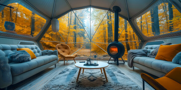 The view from the inside of the hospitable glamping invites you to enjoy outdoor recreation surrounded by amenities and high-class service, caring for nature and ecology.