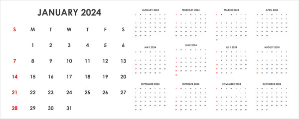 Calendar for 2024. The week starts on Sunday. Set for 12 months.