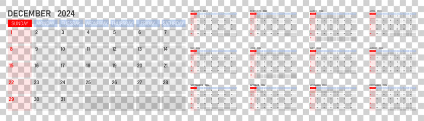 Calendar for 2024. The week starts on Sunday. Set for 12 months.