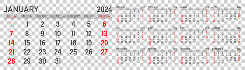 Calendar for 2024. The week starts on Sunday. Set for 12 months.