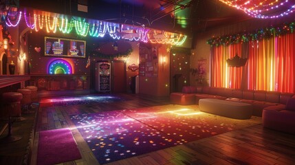 LGBTQA+ , LGBT :  Vibrant LGBTQA+ Social Club: Rainbow Decor and Pride Games in Photorealistic Detail