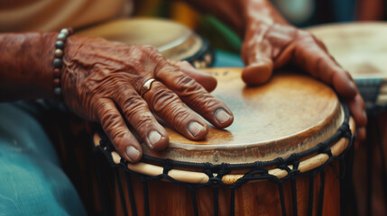 The drummer's hands that master wooden bongos with passion and precision, creating expressive sounds.