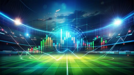 Multi exposure of abstract virtual financial graph hologram on soccer field background, forex and investment concept