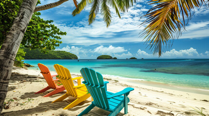A close shot shows a tropical turquoise beach with a row of picturesque, colorful chairs on the sandy shore.
