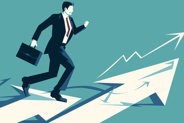 Smart businessman in suit with briefcase running on rising arrow, symbolizing career growth, achievement, and success in the business world.