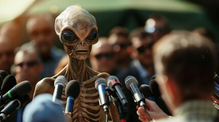 An alien who speaks to reporters while looking into the camera at a press conference in front of a group of microphones. Its otherworldly features arouse interest and surprise on the part of observers