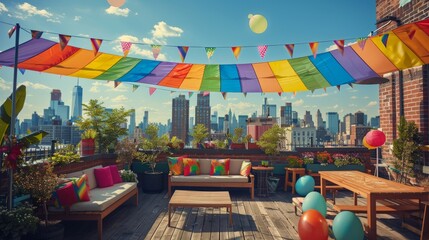 LGBTQA+ , LGBT :  Vibrant LGBTQA+ Rooftop Pride Party in Photorealism with Canon EOS K5 85mm