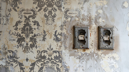 The view shows the thorough preparation of the room for wallpapering, where electrical sockets are carefully exposed.