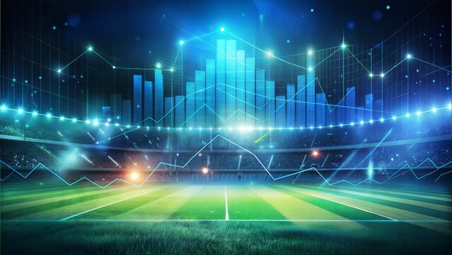 Multi exposure of abstract virtual financial graph hologram on soccer field background, forex and investment concept
