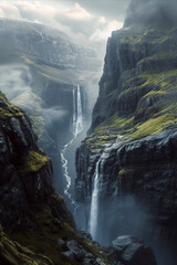 A majestic waterfall flows between rugged cliffs, shrouded in mist, under a cloudy sky, evoking a mystical atmosphere