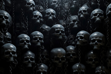 An eerie image with multiple realistic skulls entwined in thick chains, creating a dark and haunting atmosphere