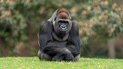 A dominant male gorilla seated on the grass gazing confidently in the opposite direction of the camera