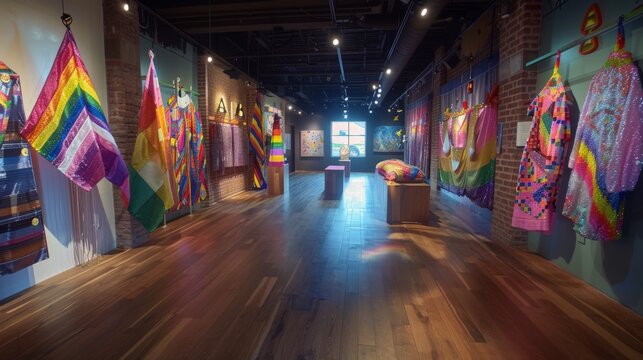 LGBTQA+ , LGBT :  Vibrant LGBTQA+ Fashion Exhibit: Rainbow Outfits and Pride Flags in Photorealism Detail