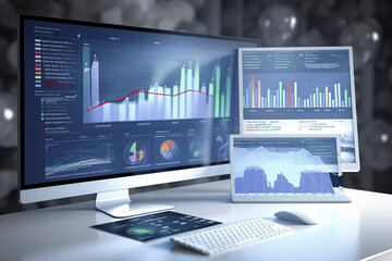 A modern workspace with multiple screens displaying colorful data analytics, set in a futuristic environment with abstract design