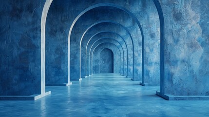 Obraz premium Abstraction, futuristic background, concrete arch. Night view of the tunnel, portal. Staircase up.