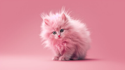 Fototapeta premium Cute fluffy pink cat, a friend create great happiness in human life