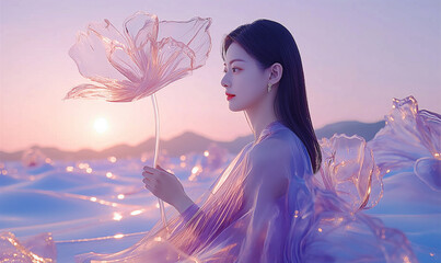 woman in a purple dress holding a flower in front of a sunset