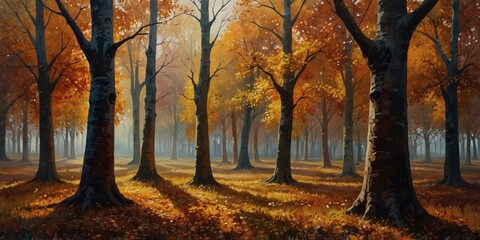Radiant oil painting of autumn grove. Semi-abstract portrayal of chestnut trees with russet leaves.