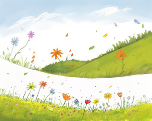 there is a drawing of a field with flowers and butterflies