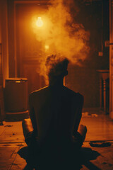 A man is smoking from back view, in the dim and dark yellow light. 