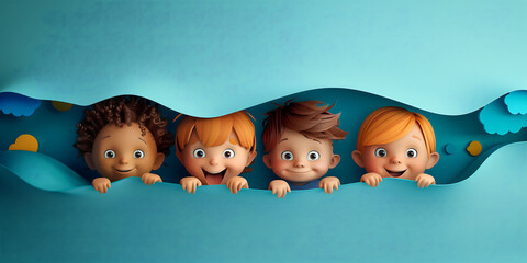 Happy multiethnic children looking at camera and amazed behind hole in solid paper background celebrating International Children's Day