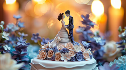 there is a wedding cake with a bride and groom figurine on top