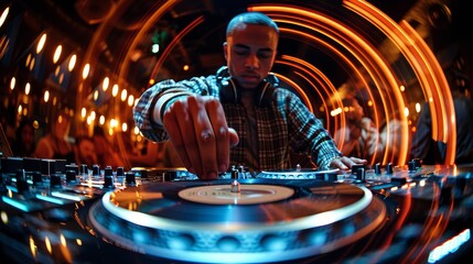 Capturing the intensity of a DJ focused on mixing tracks, the vibrance of the club is highlighted...