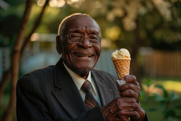 Happy and smiling elderly African American man eating ice cream in a waffle cone. Happy pensioners concept.
