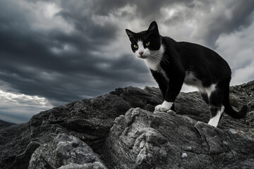 there is a black and white cat standing on a rock - Powered by Adobe
