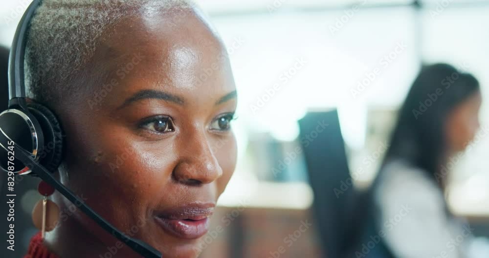 Poster office, face and black woman in customer service at call center for crm, b2b networking and sales. t