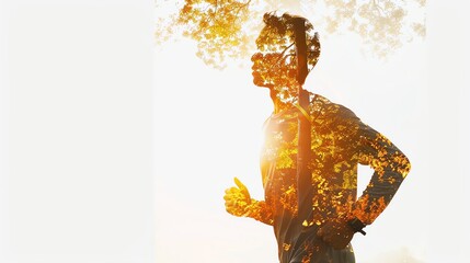 Fototapeta premium Person jogging in park, isolate on white background, copy space, vivid tones, Double exposure silhouette with nature and fitness