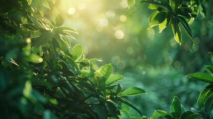 Sunlight filtering through lush green foliage in forest