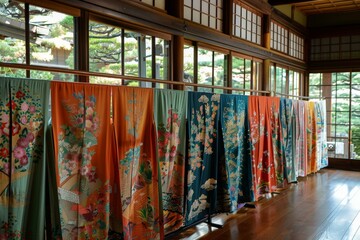 A row of colorful kimono on display in a traditional Japanese room