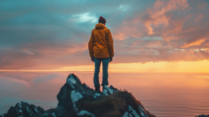 Man standing on mountain peak at sunset overlooking the ocean
